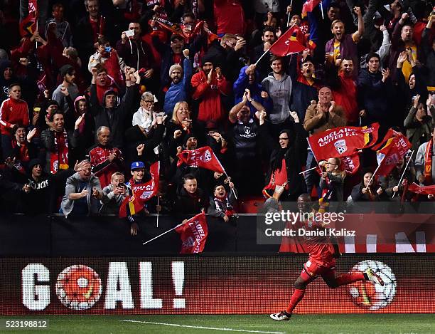 Bruce Djite of United reacts after scoring his second goal of the match during the A-League Semi Final match between Adelaide United and Melbourne...