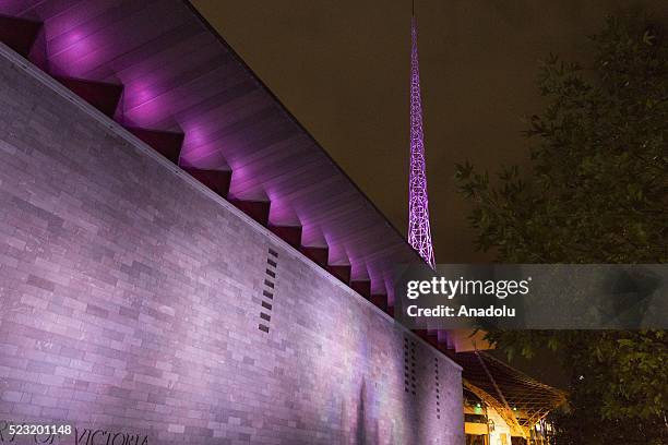 The Melbourne Arts centre spire is lit in purple in memory of late recording artist Prince, in Melbourne, Australia on April 22, 2016. Prince died on...