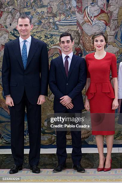 King Felipe VI of Spain and Queen Letizia of Spain meet Spanish figure skater Javier Fernandez at Zarzuela Palace on April 22, 2016 in Madrid, Spain.