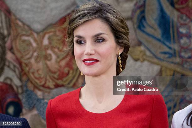 Queen Letizia of Spain meets Spanish figure skater Javier Fernandez at Zarzuela Palace on April 22, 2016 in Madrid, Spain.