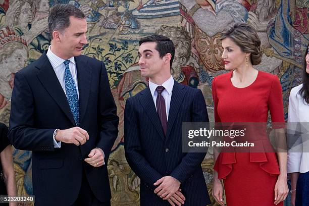 King Felipe VI of Spain and Queen Letizia of Spain meet Spanish figure skater Javier Fernandez at Zarzuela Palace on April 22, 2016 in Madrid, Spain.