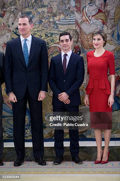 King Felipe VI of Spain and Queen Letizia of Spain meet Spanish figure skater Javier Fernandez at Zarzuela Palace on April 22, 2016 in Madrid, Spain.