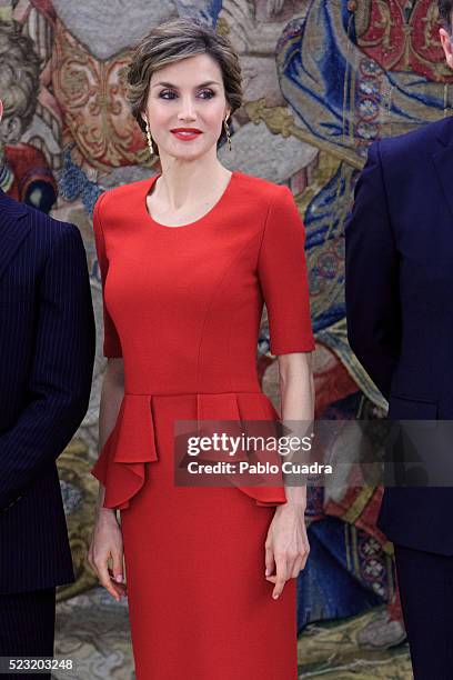 Queen Letizia of Spain meets Spanish figure skater Javier Fernandez at Zarzuela Palace on April 22, 2016 in Madrid, Spain.