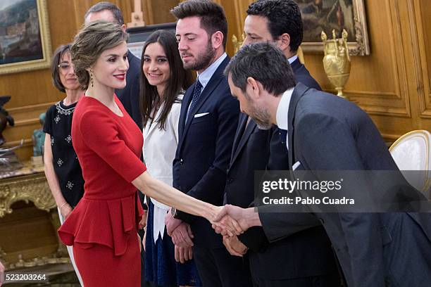 Queen Letizia of Spain meets Spanish figure skater Javier Fernandez at Zarzuela Palace on April 22, 2016 in Madrid, Spain.