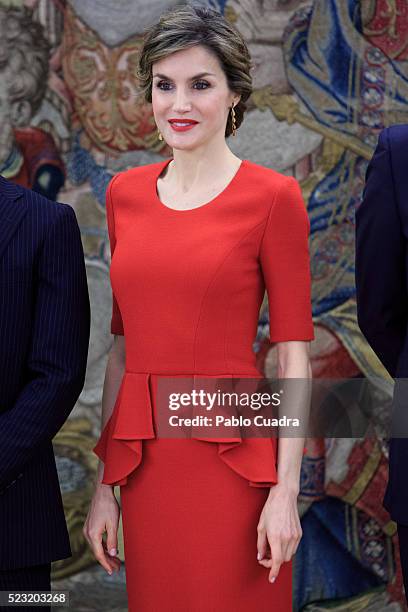 Queen Letizia of Spain meets Spanish figure skater Javier Fernandez at Zarzuela Palace on April 22, 2016 in Madrid, Spain.