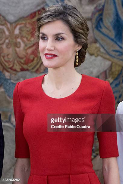 Queen Letizia of Spain meets Spanish figure skater Javier Fernandez at Zarzuela Palace on April 22, 2016 in Madrid, Spain.
