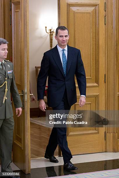 King Felipe VI of Spain meets Spanish figure skater Javier Fernandez at Zarzuela Palace on April 22, 2016 in Madrid, Spain.