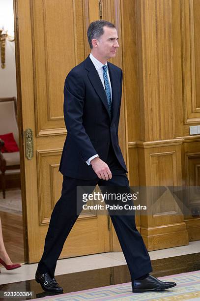 King Felipe VI of Spain meets Spanish figure skater Javier Fernandez at Zarzuela Palace on April 22, 2016 in Madrid, Spain.