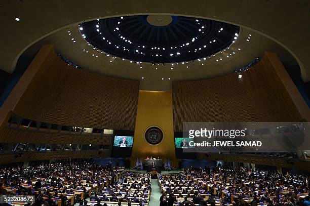 General view of the United Nations Opening Ceremony of the High-Level Event for the Signature of the Paris Agreement on April 22, 2016 in New York. /...