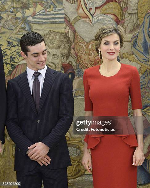 Queen Letizia of Spain receives figure skating world champion Javier Fernandez at Zarzuela Palace on April 22, 2016 in Madrid, Spain.