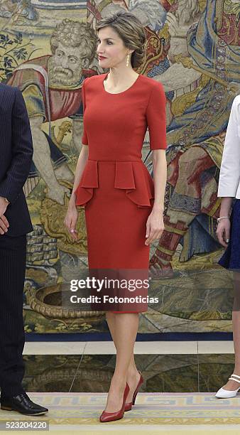 Queen Letizia of Spain receives figure skating world champion Javier Fernandez at Zarzuela Palace on April 22, 2016 in Madrid, Spain.