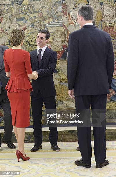 King Felipe VI of Spain and Queen Letizia of Spain receive figure skating world champion Javier Fernandez at Zarzuela Palace on April 22, 2016 in...