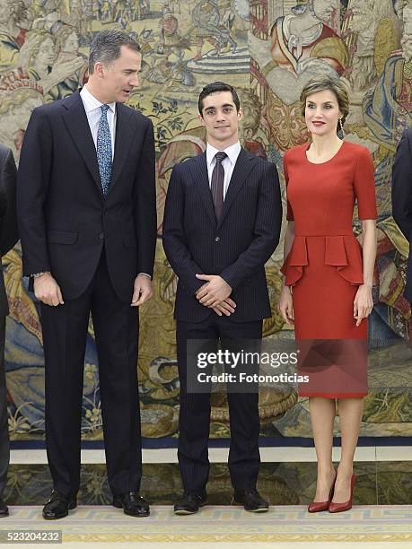 King Felipe VI of Spain and Queen Letizia of Spain receive figure skating world champion Javier Fernandez at Zarzuela Palace on April 22, 2016 in...