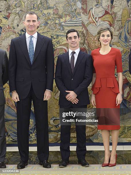 King Felipe VI of Spain and Queen Letizia of Spain receive figure skating world champion Javier Fernandez at Zarzuela Palace on April 22, 2016 in...