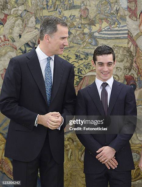 King Felipe VI of Spain receives figure skating world champion Javier Fernandez at Zarzuela Palace on April 22, 2016 in Madrid, Spain.