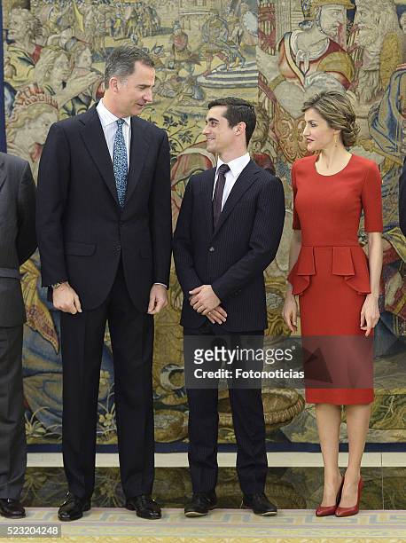 King Felipe VI of Spain and Queen Letizia of Spain receive figure skating world champion Javier Fernandez at Zarzuela Palace on April 22, 2016 in...