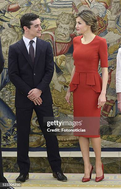 Queen Letizia of Spain receives figure skating world champion Javier Fernandez at Zarzuela Palace on April 22, 2016 in Madrid, Spain.