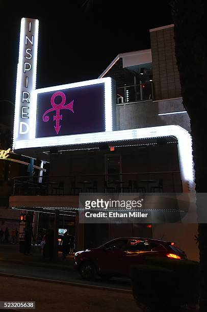 Sign at Inspire Las Vegas displays a tribute to recording artist Prince early on April 22, 2016 in Las Vegas, Nevada. Prince died on Thursday at his...