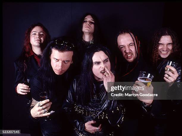 Cradle Of Filth, group portrait, London, United Kingdom, 2000. Vocalist Dani Filth is front centre.