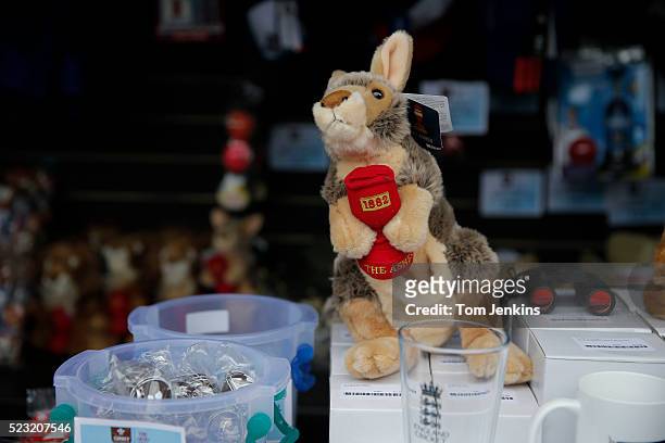 Fluffy toy kangaroo with an ashes urn for sale during day one of the 5th Ashes test match England v Australia at The Oval on August 20th 2015 in...
