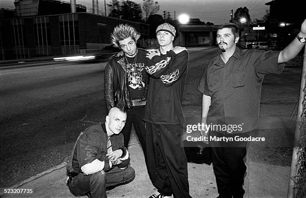 Group portrait of American punk band Rancid, San Diego, California, United States, 1994. L-R Tim Armstrong, Lars Frederiksen, Brett Reed, Matt...