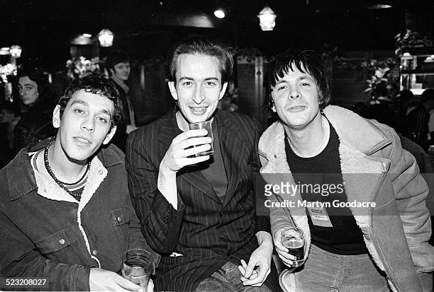 Rick Witter and drummer Alan Leach of of Britpop group Shed Seven, backstage with Suede bassist Mat Osman at the Tower Ballroom, Blackpool, United...