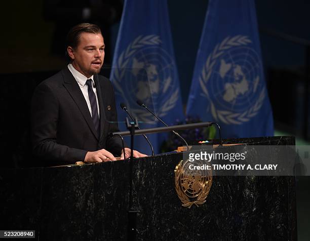 Leonardo DiCaprio, actor and UN Messenger of Peace addresses the high level signature ceremony for the Paris Agreement at the United Nations General...