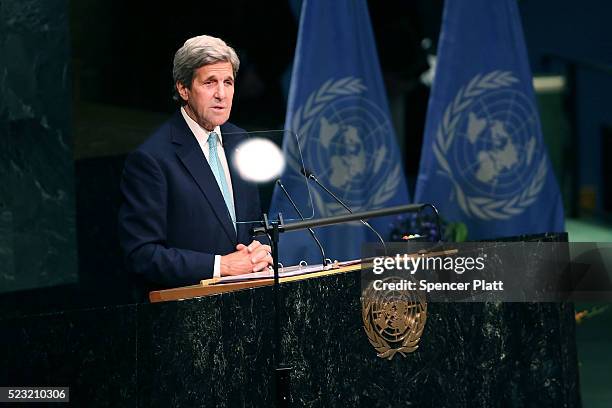 Secretary of State John Kerry speaks at the United Nations Signing Ceremony for the Paris Agreement climate change accord that came out of...