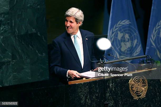 Secretary of State John Kerry speaks at the United Nations Signing Ceremony for the Paris Agreement climate change accord that came out of...