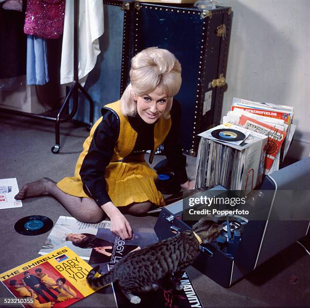 English singer Dusty Springfield pictured playing LP records including discs by The Shirelles and Peggy Lee with a cat in 1963.