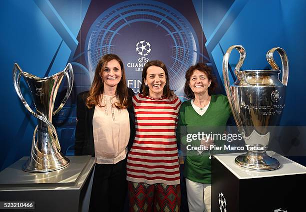 Councillor for Sports for the Municipality of Milan, Chiara Bisconti and Milly Moratti pose during the press conference to present the UEFA Champions...