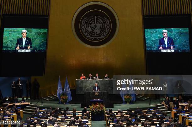 Secretary of State John Kerry addresses the United Nations Opening Ceremony of the High-Level Event for the Signature of the Paris Agreement April...