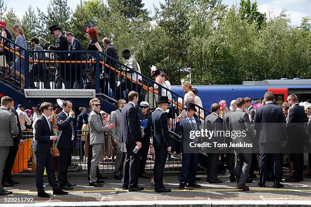 Racegoers disembarking at the train station during day three of Royal Ascot 2015 at Ascot racecourse on June 18th 2015 in Berkshire