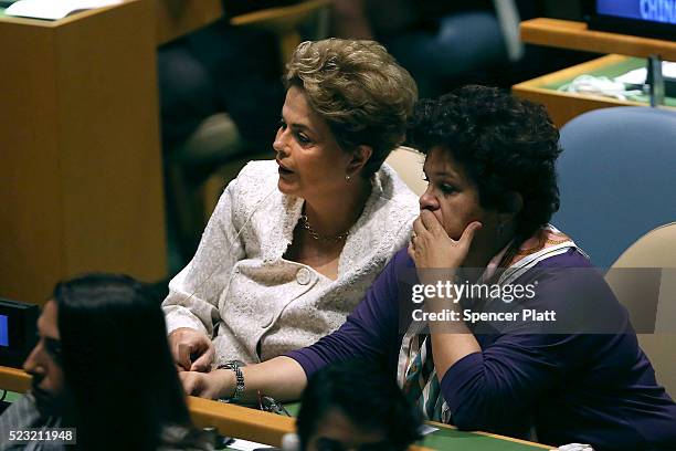 Brazilian President Dilma Rousseff attends the United Nations Signing Ceremony for the Paris Agreement climate change accord that came out of...