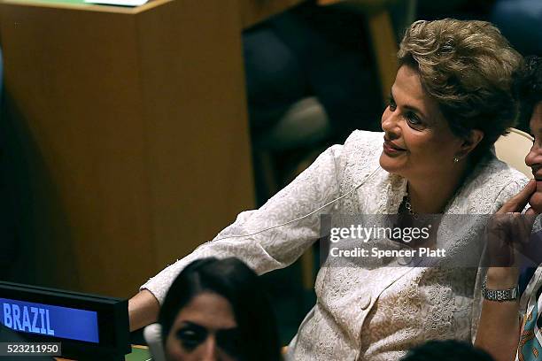 Brazilian President Dilma Rousseff attends the United Nations Signing Ceremony for the Paris Agreement climate change accord that came out of...