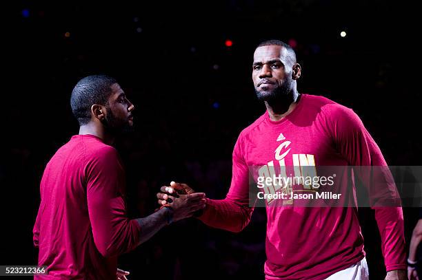 Kyrie Irving and LeBron James of the Cleveland Cavaliers during the player introductions during the first half of the NBA Eastern Conference...