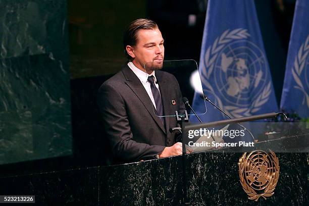 Actor and climate activist Leonardo DiCaprio speaks at the United Nations Signing Ceremony for the Paris Agreement climate change accord that came...