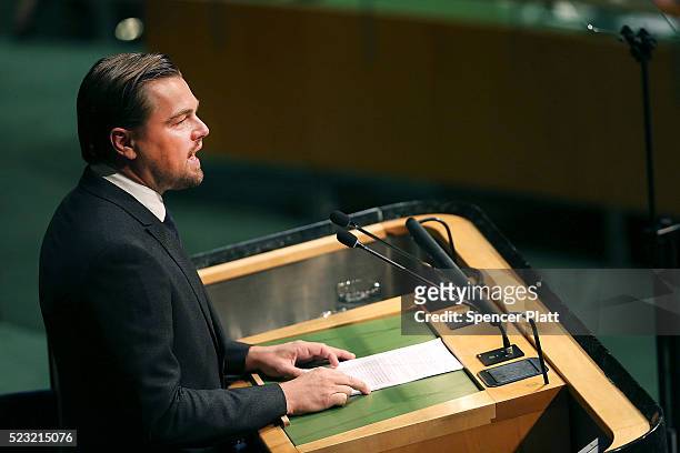 Actor and climate activist Leonardo DiCaprio speaks at the United Nations Signing Ceremony for the Paris Agreement climate change accord that came...