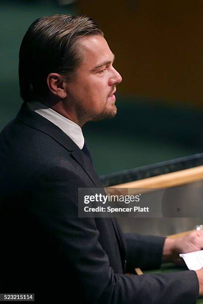 Actor and climate activist Leonardo DiCaprio speaks at the United Nations Signing Ceremony for the Paris Agreement climate change accord that came...