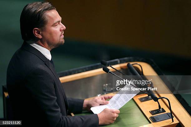 Actor and climate activist Leonardo DiCaprio speaks at the United Nations Signing Ceremony for the Paris Agreement climate change accord that came...