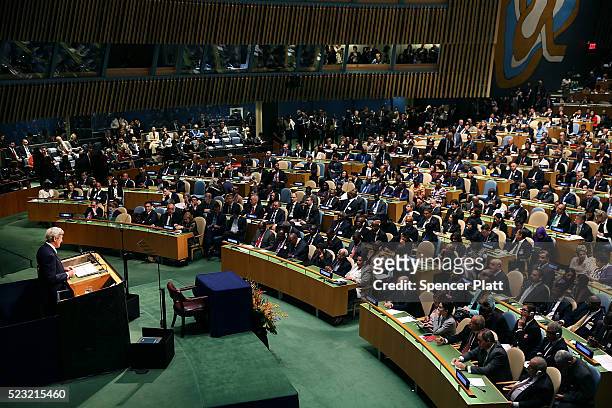 Secretary of State John Kerry speaks at the United Nations Signing Ceremony for the Paris Agreement climate change accord that came out of...