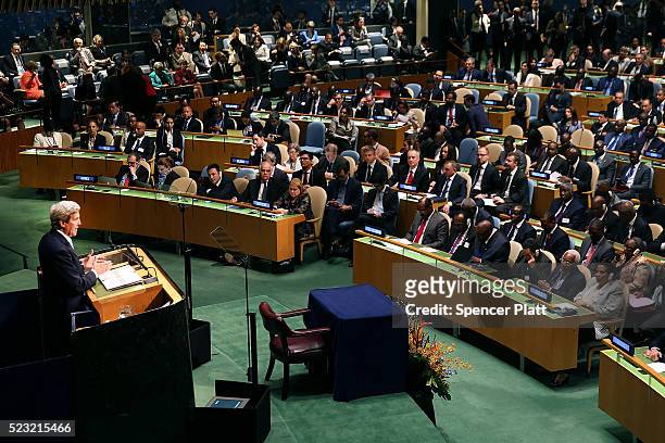 Secretary of State John Kerry speaks at the United Nations Signing Ceremony for the Paris Agreement climate change accord that came out of...