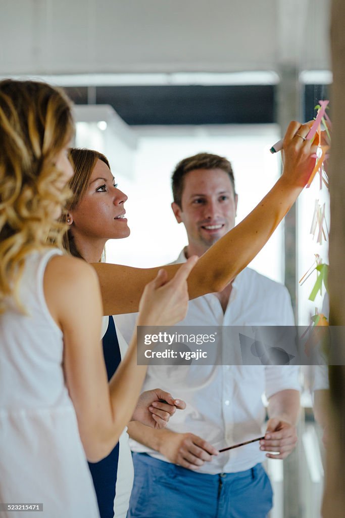 Business people looking at sticky notes and writing.