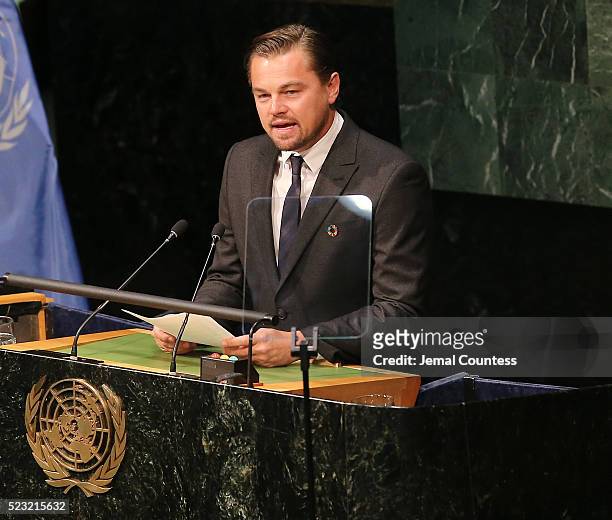 Actor/activist Leonardo DiCaprio speaks during the Paris Agreement For Climate Change Signing at United Nations on April 22, 2016 in New York City.