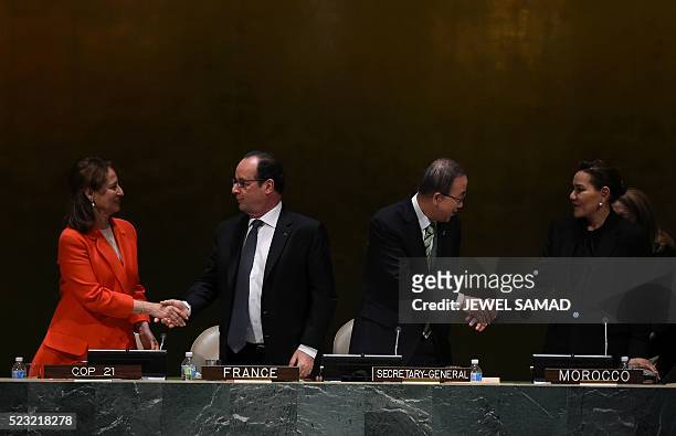 France's Minister of Ecology Segolene Royal, France's President Francois Hollande, United Nations-Secretary General Ban Ki-moon and Morocco's...