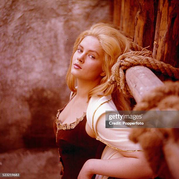 Serbian actress Beba Loncar in costume on a film set in 1963.