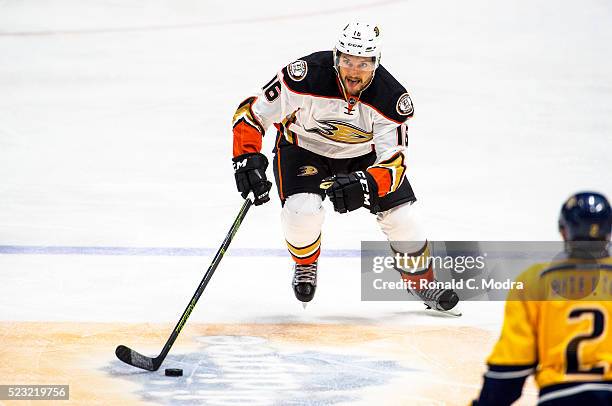 Ryan Garbutt of the Anaheim Ducks skates with the puck against the Nashville Predators during a NHL game at Bridgestone Arena on April 19, 2016 in...