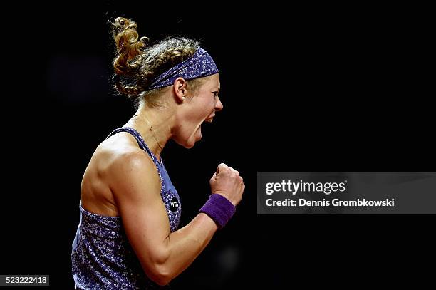 Laura Siegemund of Germany celebrates a point in her match against Roberta Vinci of Italy during Day 5 of the Porsche Tennis Grand Prix at...