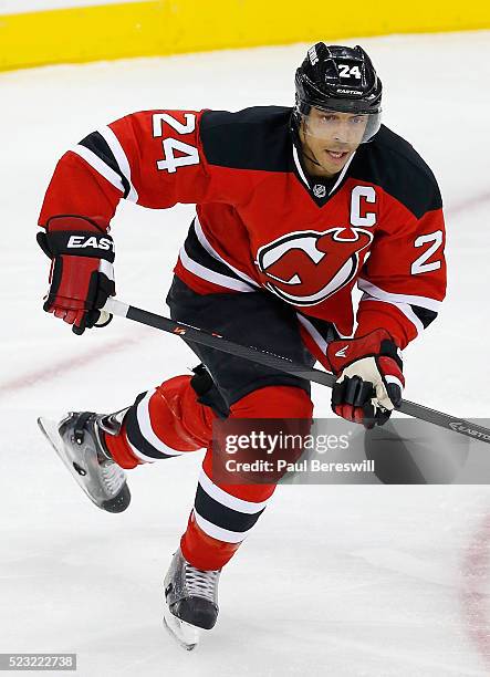 Bryce Salvador of the New Jersey Devils plays in the game against the Winnipeg Jets at Prudential Center on October 30, 2014 in Newark, New Jersey.