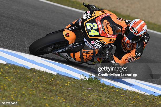 Simone Corsi of Italy and Speed Up Racing rounds the bend during the MotoGp of Spain - Free Practice at Circuito de Jerez on April 22, 2016 in Jerez...